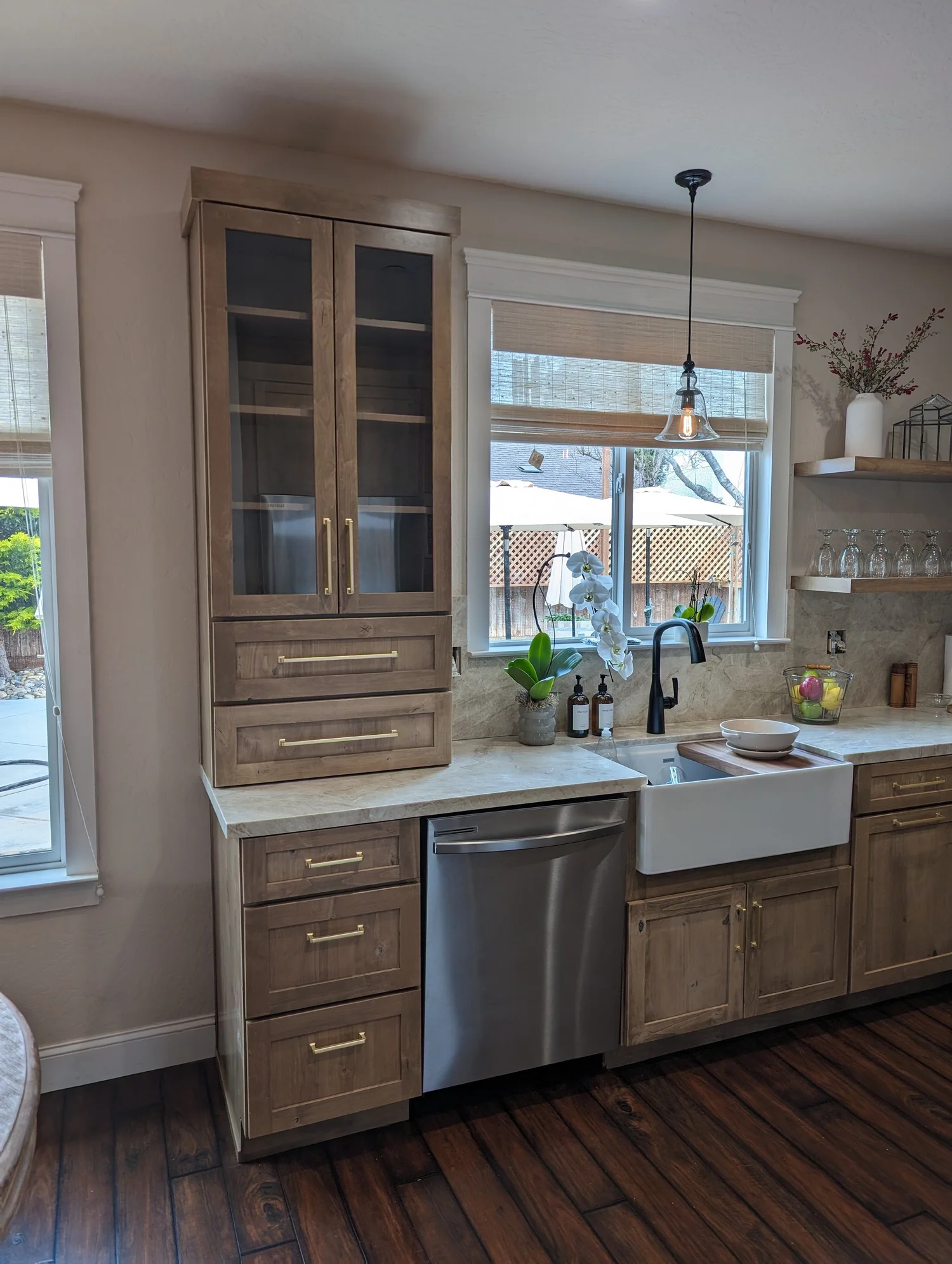 Natural wood bathroom kitchen with farmhouse sink