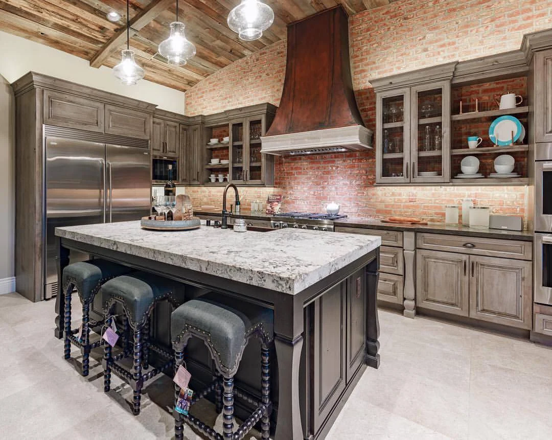 Rustic gray kitchen with exposed brick